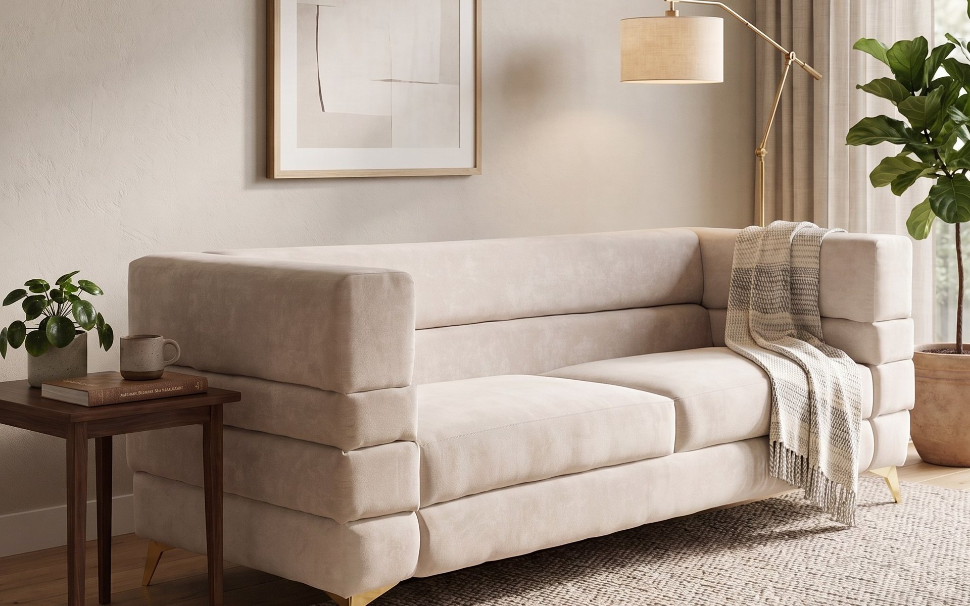 Sillón crema en una sala con luz natural, tapete de fibra y lámpara de latón